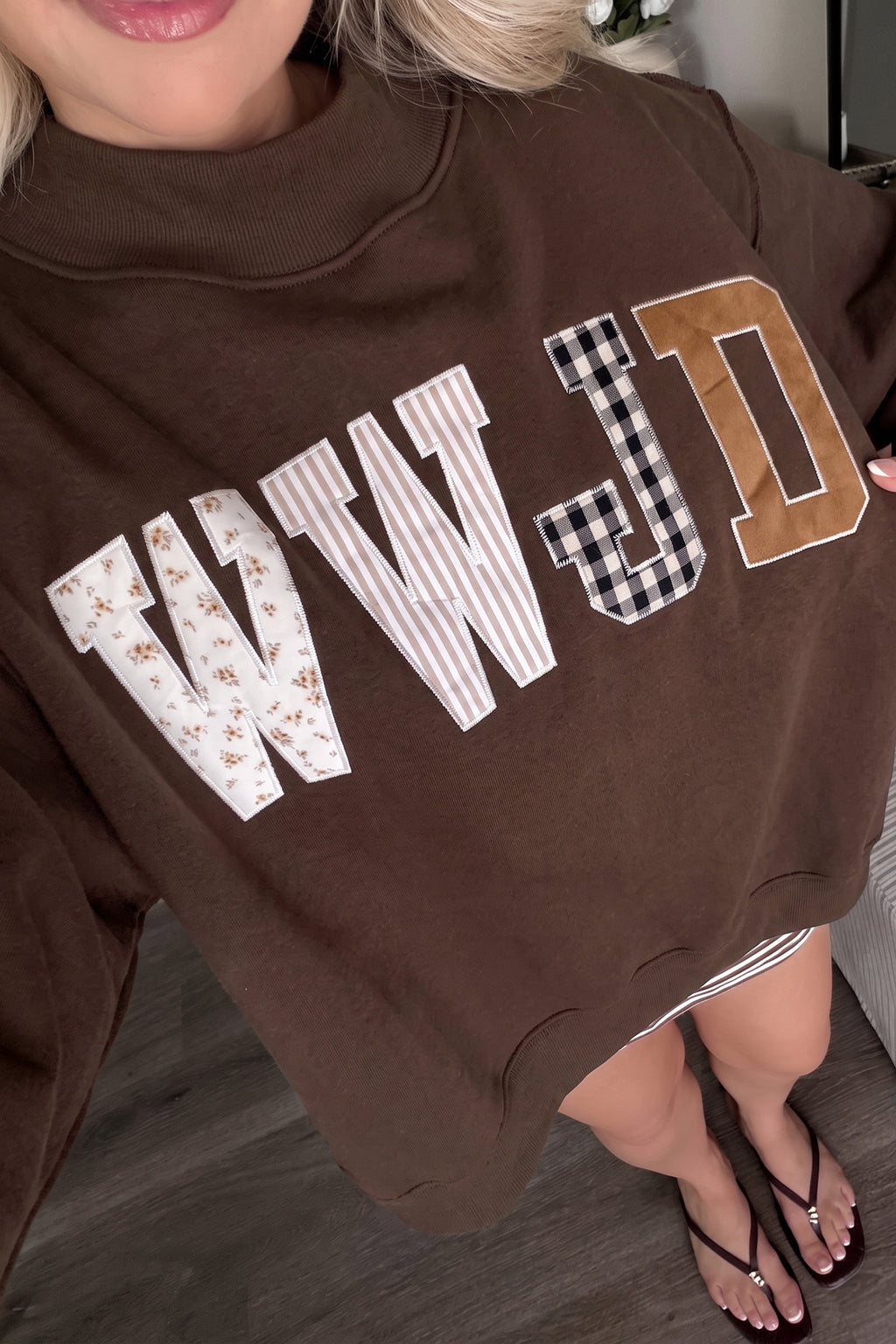 WWJD Walk by Faith Patchwork mock neck sweatshirt
