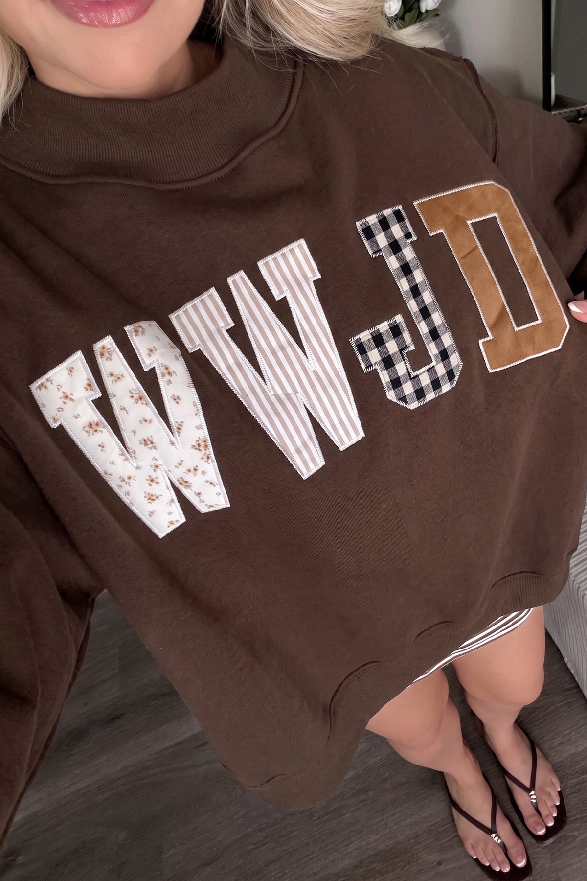 WWJD Walk by Faith Patchwork mock neck sweatshirt