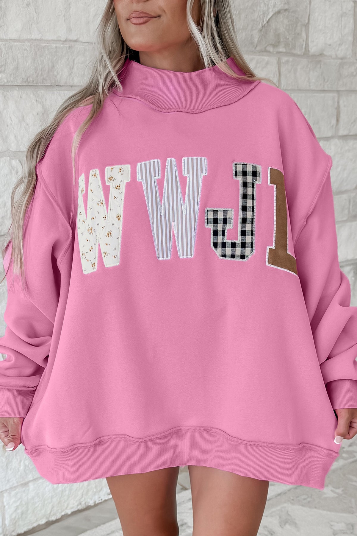 WWJD Walk by Faith Patchwork mock neck sweatshirt
