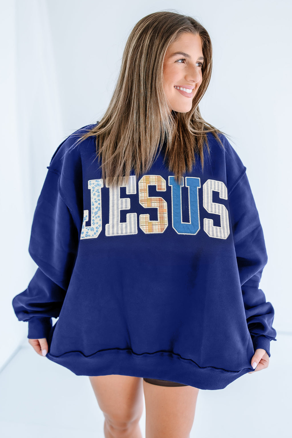 WWJD Walk by Faith Patchwork mock neck sweatshirt