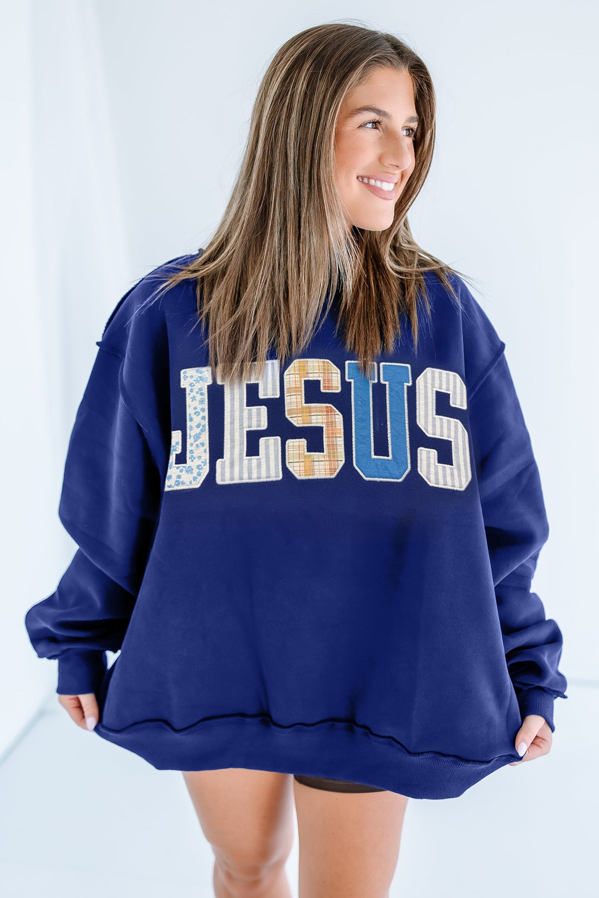 WWJD Walk by Faith Patchwork mock neck sweatshirt