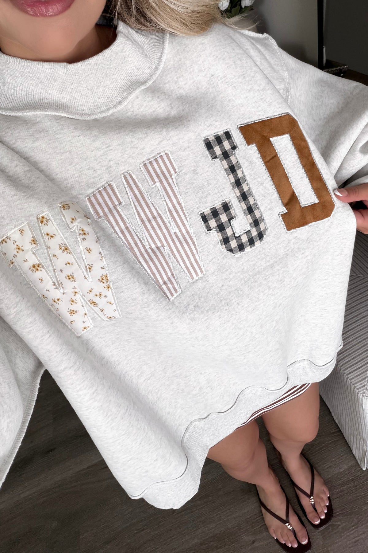 WWJD Walk by Faith Patchwork mock neck sweatshirt