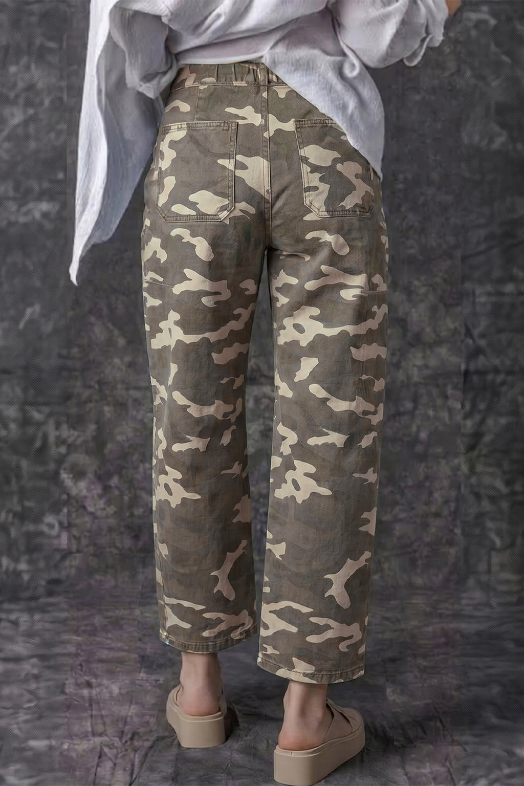 Khaki Leopard Printed Drawstring Elastic Waistband Pocketed Barrel Jeans