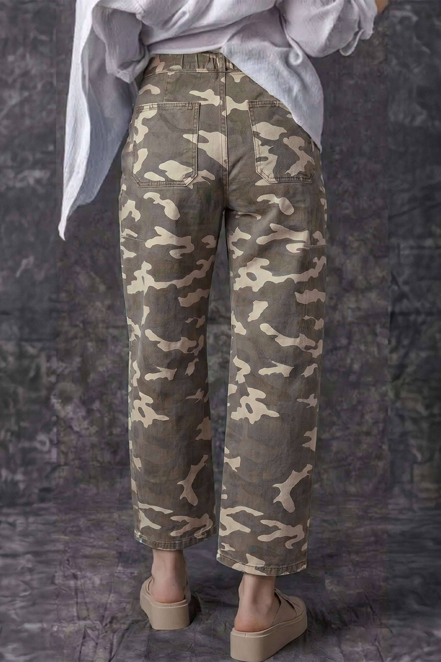 Khaki Leopard Printed Drawstring Elastic Waistband Pocketed Barrel Jeans