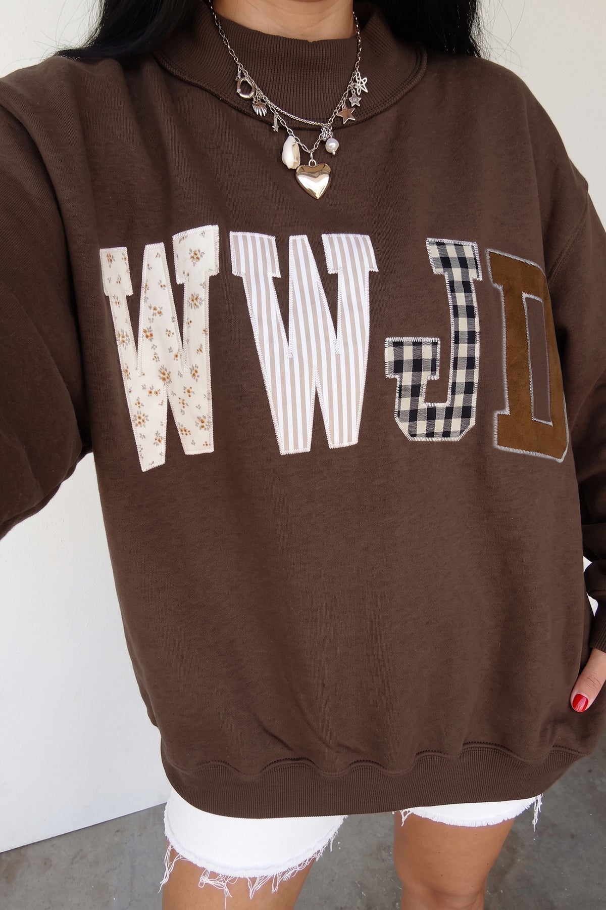 WWJD Walk by Faith Patchwork mock neck sweatshirt