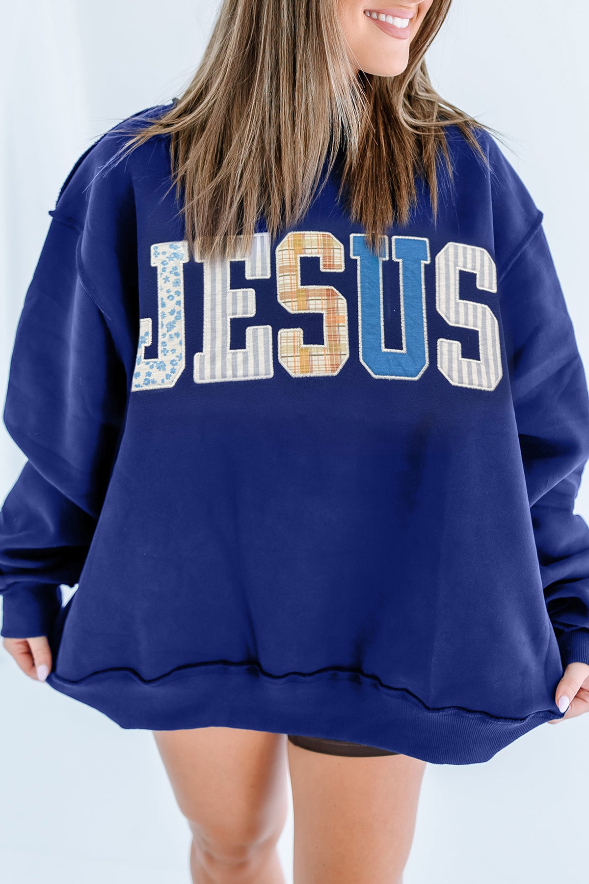 WWJD Walk by Faith Patchwork mock neck sweatshirt