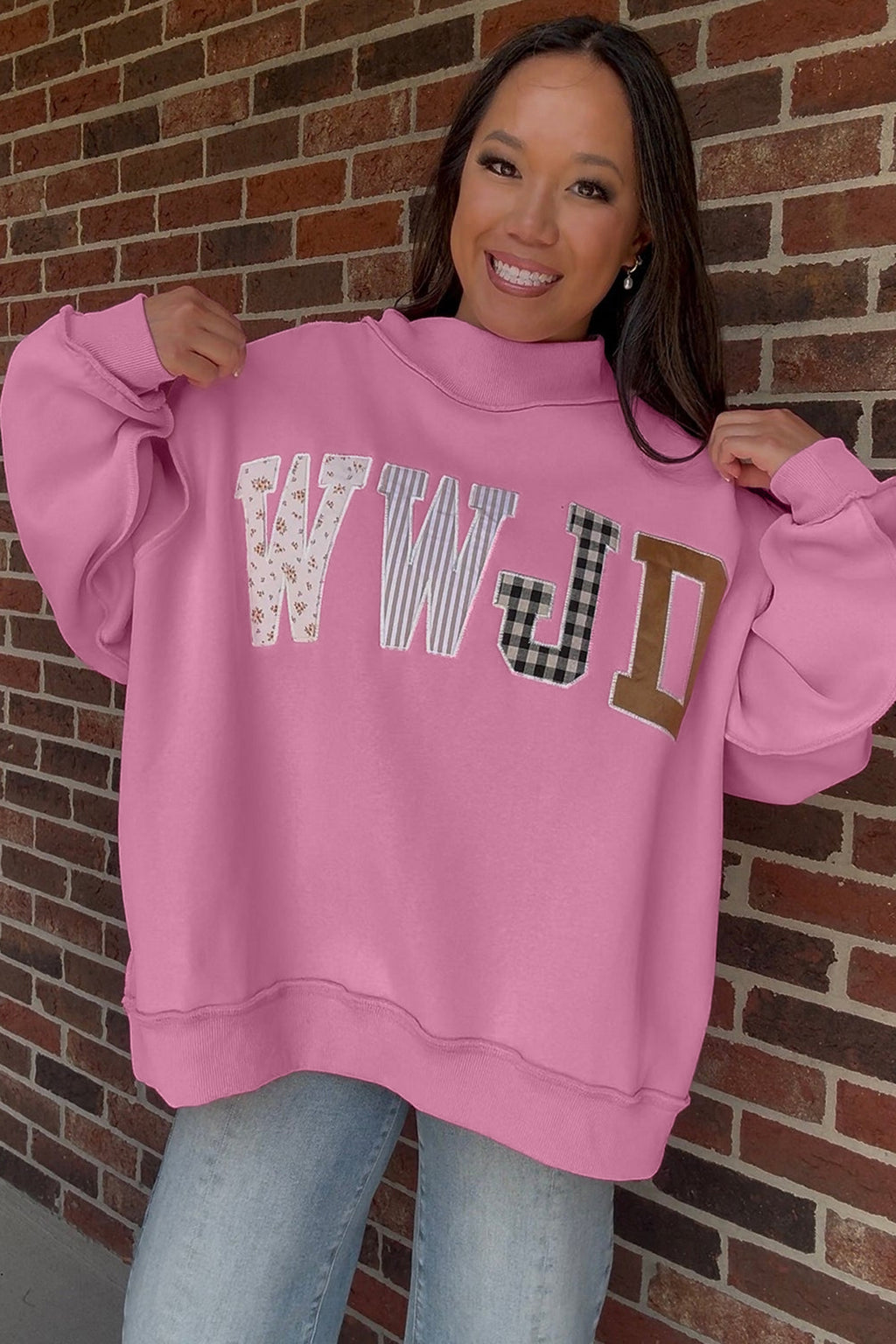 WWJD Walk by Faith Patchwork mock neck sweatshirt