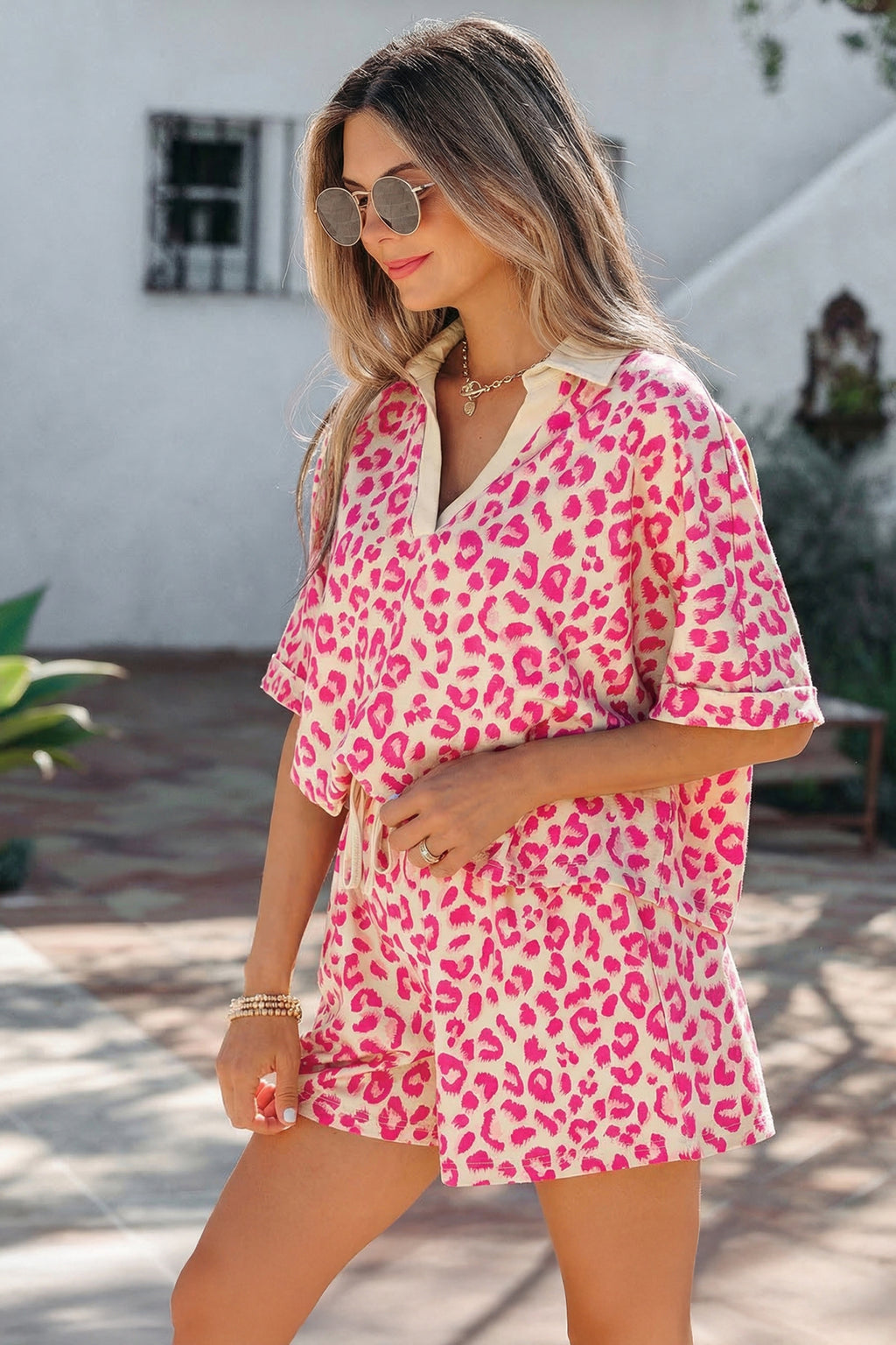 Khaki V Neck Collar Leopard Printed 2pcs Short Set
